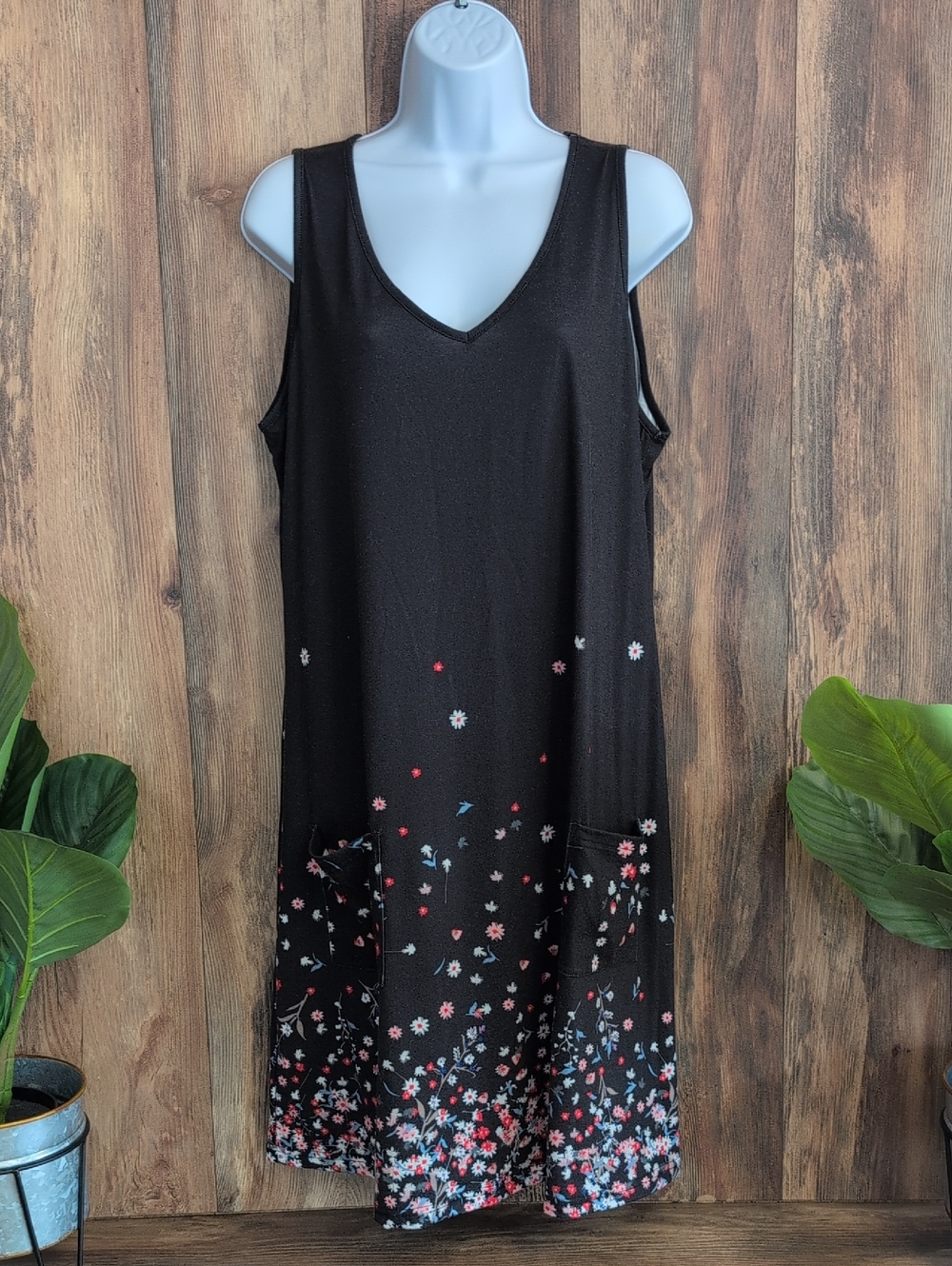 Ofeefan Black V-Neck Floral Sleeveless Tank Pocket Dress XL 558A